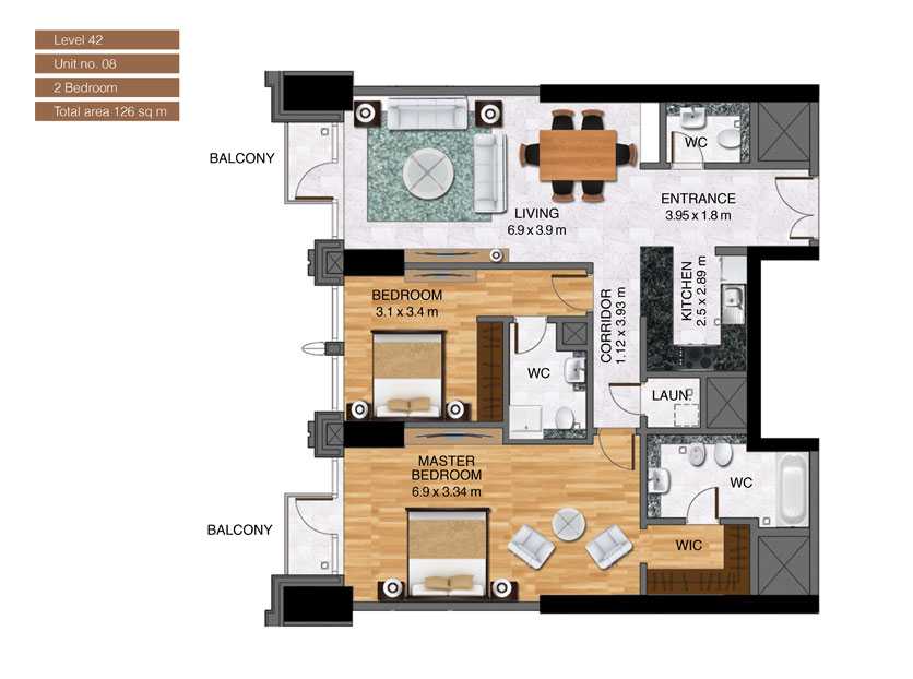 Level-42,Unit-no-8-,2-Bedroom-,Size-126-Sq m